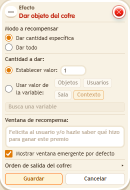 Ventana de configuración de «Efecto: dar objeto del cofre»