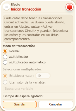 Ventana de configuración de «Efecto: iniciar transacción»