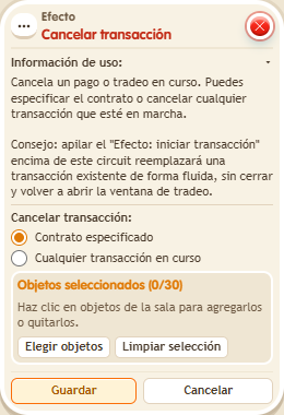 Ventana de configuración de «Efecto: cancelar transacción»