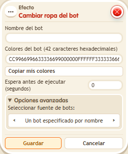 Ventana de configuración de «Efecto: cambiar colores del bot»