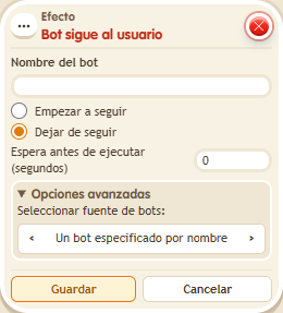 Ventana de configuración de «Efecto: bot sigue al usuario»
