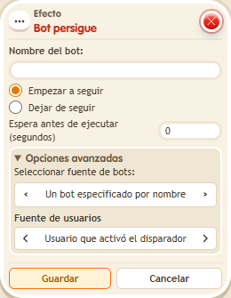 Ventana de configuración de «Efecto: bot persigue»
