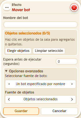 Ventana de configuración de «Efecto: mover bot»