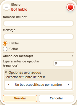 Ventana de configuración de «Efecto: bot habla»