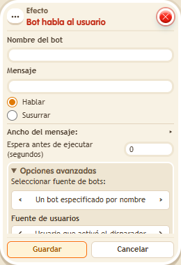 Ventana de configuración de «Efecto: bot habla al usuario»