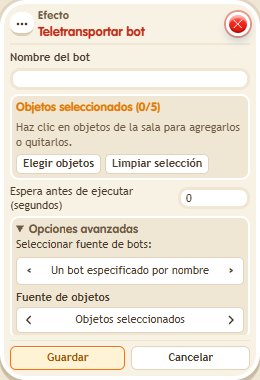 Ventana de configuración de «Efecto: teletransportar bot»