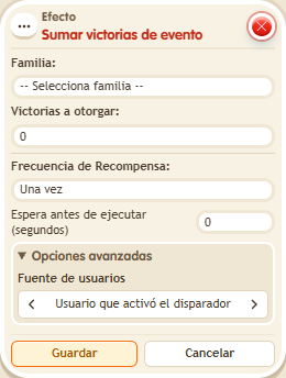 Ventana de configuración de «Efecto: sumar victorias de evento»