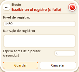 Ventana de configuración de «Efecto: escribir en el registro (si falla)»