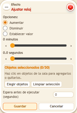 Ventana de configuración de «Efecto: ajustar reloj»