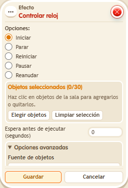 Ventana de configuración de «Efecto: controlar reloj»