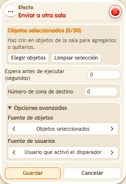 Ventana de configuración de «Efecto: enviar a otra sala»