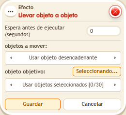 Ventana de configuración de «Efecto: llevar objeto a objeto»