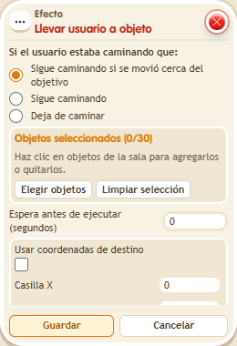 Ventana de configuración de «Efecto: llevar usuario a objeto»