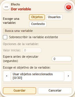 Ventana de configuración de «Efecto: dar variable»