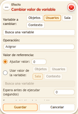 Ventana de configuración de «Efecto: cambiar valor de variable»