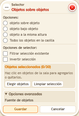 Ventana de configuración de «Selector: objetos sobre objetos»
