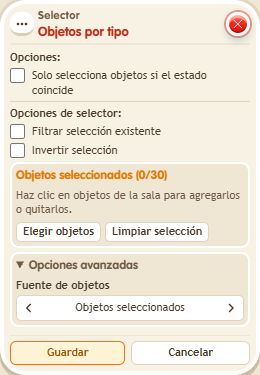 Ventana de configuración de «Selector: objetos por tipo»