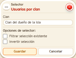 Ventana de configuración de «Selector: usuarios por clan»