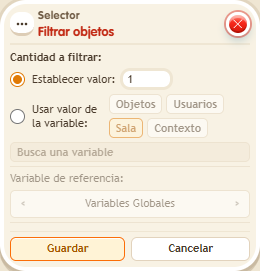 Ventana de configuración de «Selector: filtrar objetos»