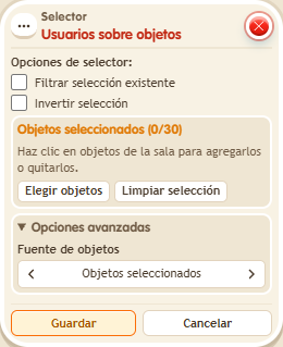 Ventana de configuración de «Selector: usuarios sobre objetos»