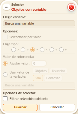 Ventana de configuración de «Selector: objetos con variable»