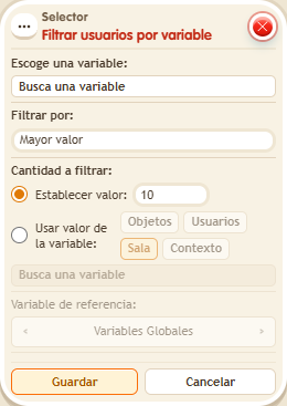 Ventana de configuración de «Selector: filtrar usuarios por variable»