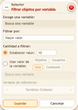 Ventana de configuración de «Selector: filtrar objetos por variable»