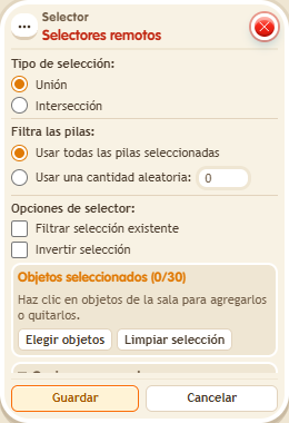 Ventana de configuración de «Selector: selectores remotos»