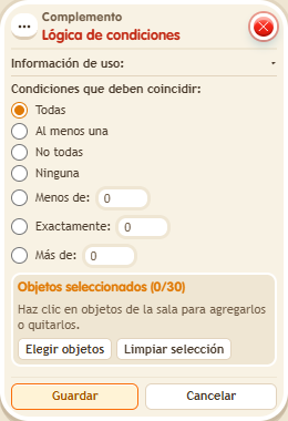 Ventana de configuración de «Complemento: lógica de condiciones»