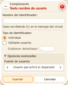 Ventana de configuración de «Complemento: texto nombre de usuario»