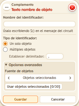 Ventana de configuración de «Complemento: texto nombre de objeto»