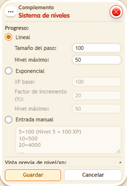 Ventana de configuración de «Complemento: sistema de niveles»