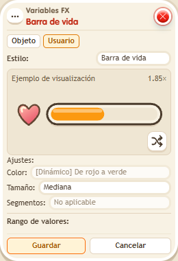 Ventana de configuración de «Complemento: barra de vida»