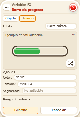 Ventana de configuración de «Complemento: barra de progreso»