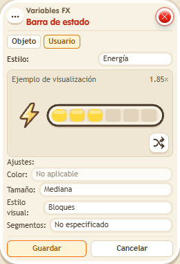 Ventana de configuración de «Complemento: barra de estado»
