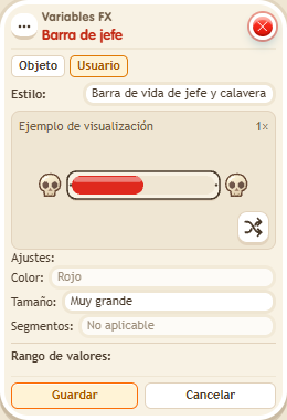 Ventana de configuración de «Complemento: barra de jefe»