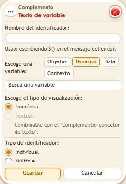 Ventana de configuración de «Complemento: texto de variable»