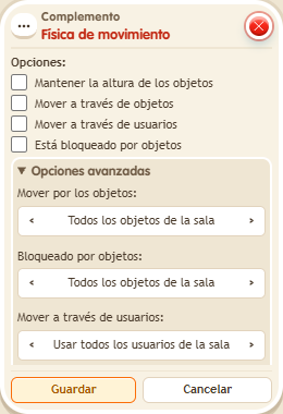 Ventana de configuración de «Complemento: física de movimiento»