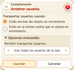 Ventana de configuración de «Complemento: arrastrar usuarios»