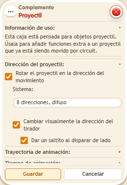 Ventana de configuración de «Complemento: proyectil»