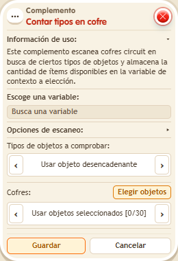 Ventana de configuración de «Complemento: contar tipos en cofre»