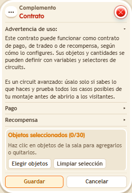 Ventana de configuración de «Complemento: contrato»