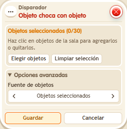 Ventana de configuración de «Disparador: objeto choca con objeto»