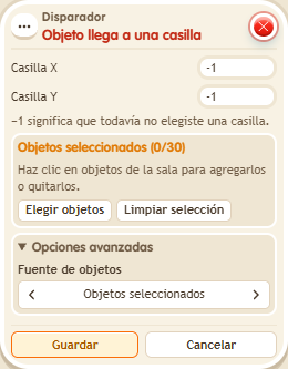 Ventana de configuración de «Disparador: objeto llega a una casilla»