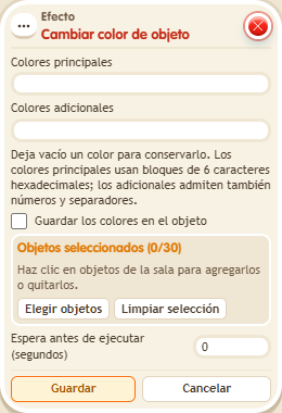 Ventana de configuración de «Efecto: cambiar color de objeto»